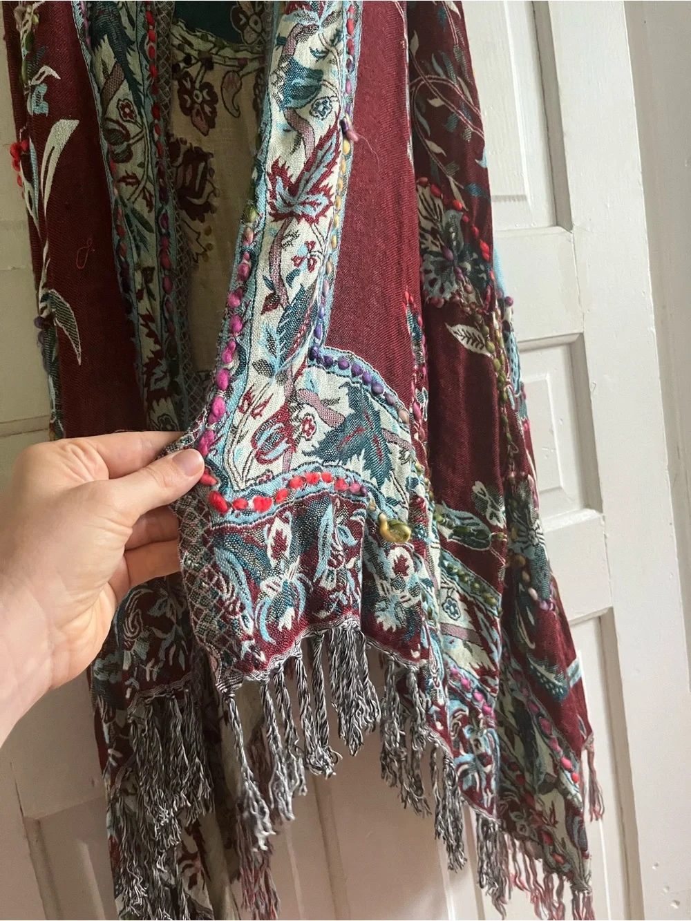 Raj Multicolor Floral Fringe Vest - Burgundy, Teal, Cream